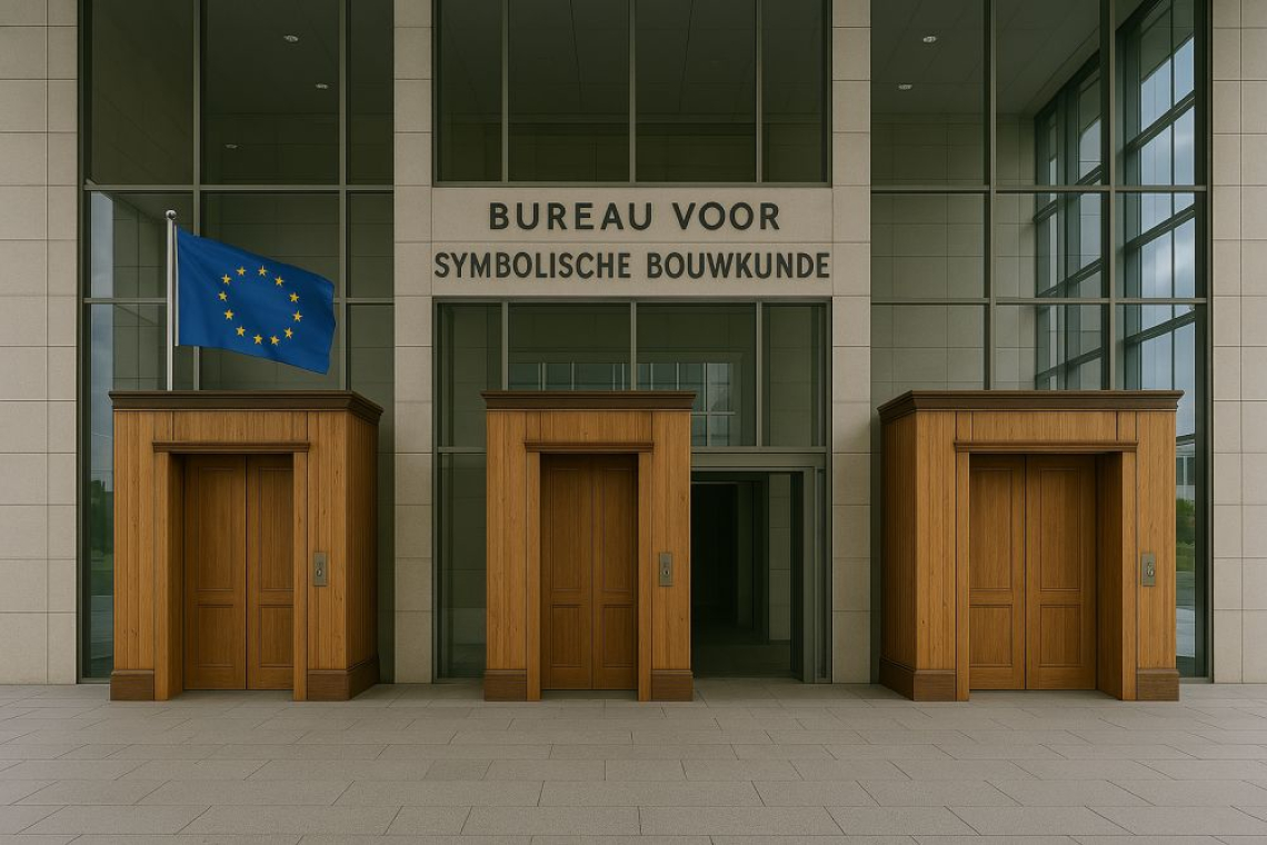 Modern EU-paviljoen in Straatsburg met houten cabines en beleidsinstallaties, onderdeel van het Bureau voor Symbolische Bouwkunde.